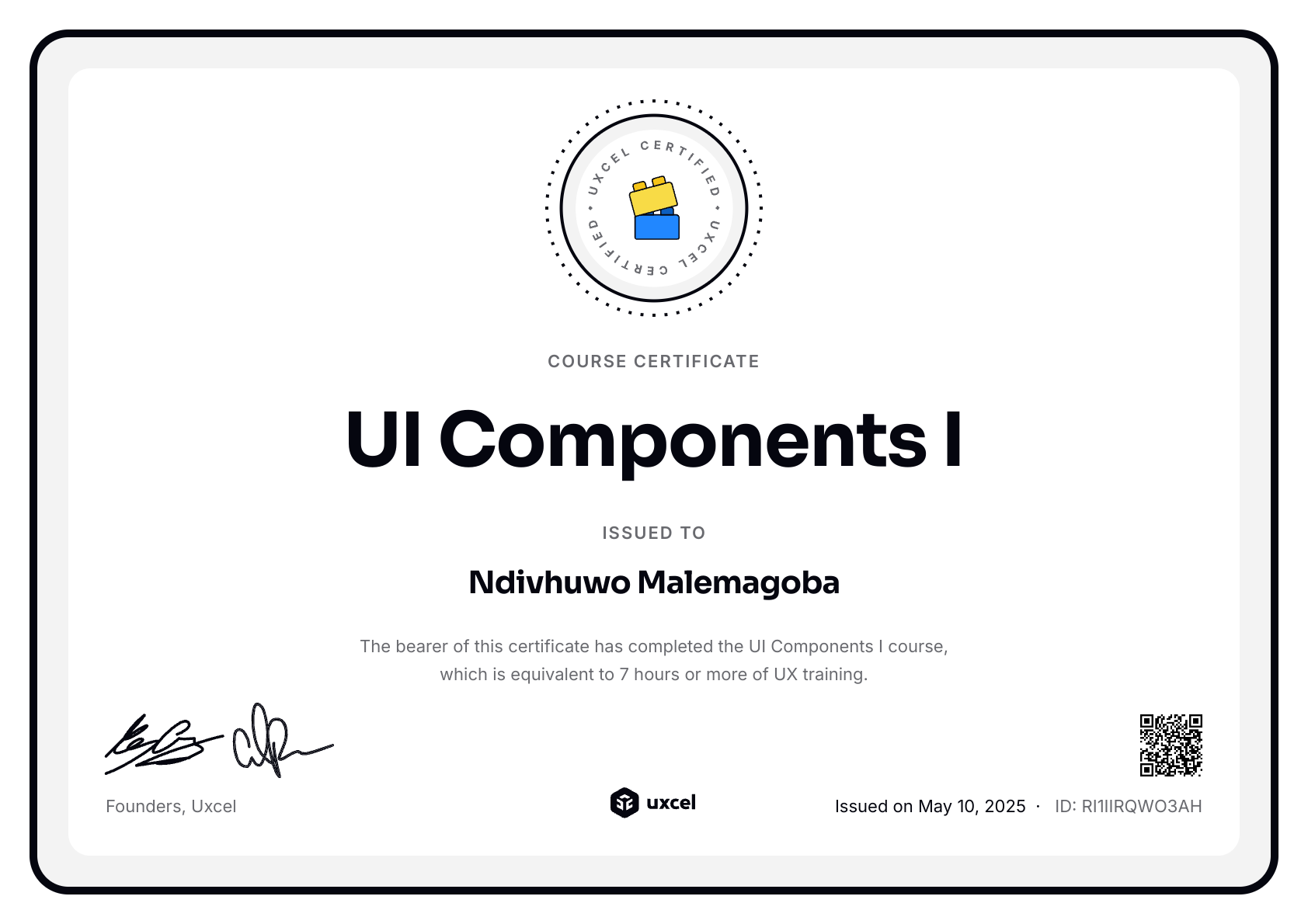 Ndivhuwo Malemagoba's certificate